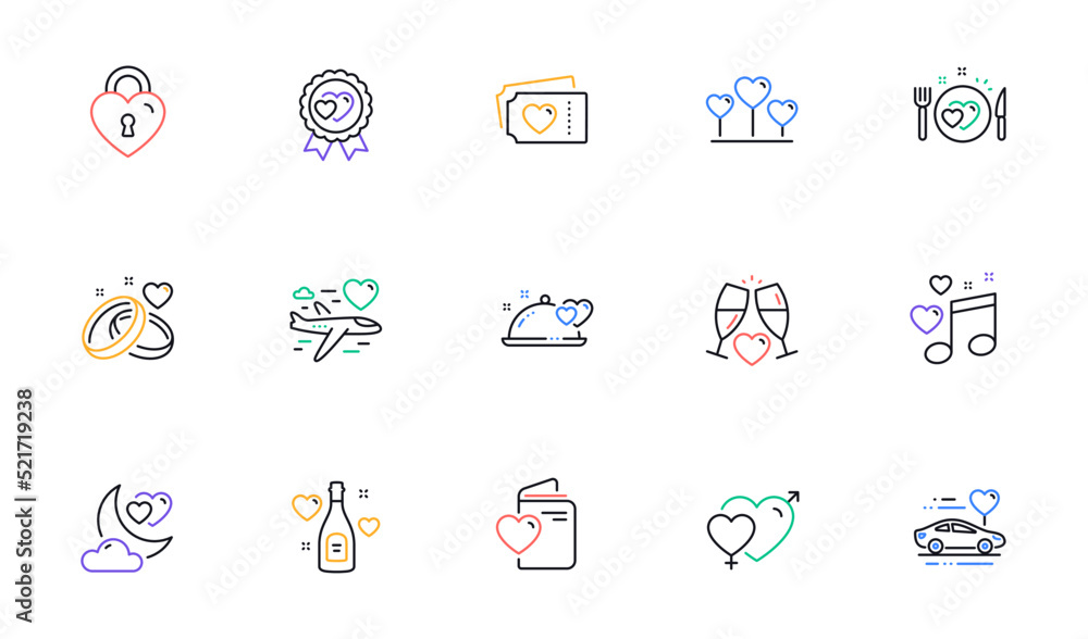 Honeymoon line icons set. Marriage rings, Wedding car, love. Bridal champagne, Valentine heart icons. Couple tickets, honeymoon travel, married night. Wedding love music. Vector Honeymoon line icons set. Marriage rings, Wedding car, love. Bridal champagne, Valentine heart icons. Couple tickets, honeymoon travel, married night. Wedding love music. Vector