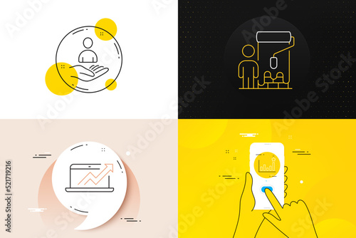 Minimal set of Efficacy, Painter and Recruitment line icons. Phone screen, Quote banners. Sales diagram icons. For web development. Business chart, Paint brush, Hr. Sale growth chart. Vector
