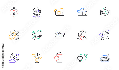 Honeymoon line icons set. Marriage rings, Wedding car, love. Bridal champagne, Valentine heart icons. Couple tickets, honeymoon travel, married night. Wedding love music. Vector