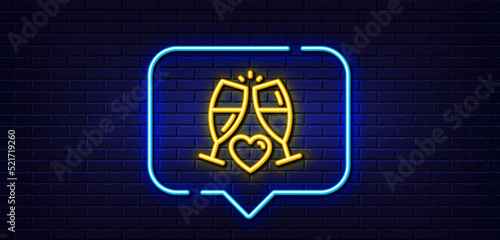 Neon light speech bubble. Love champagne line icon. Wedding glasses sign. Couple relationships symbol. Neon light background. Wedding glasses glow line. Brick wall banner. Vector
