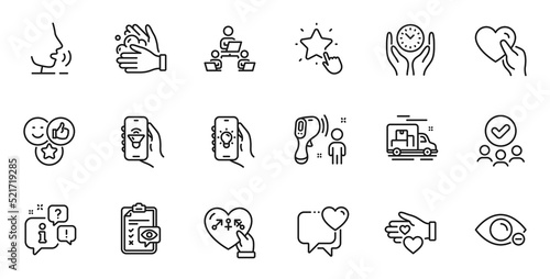 Outline set of Genders, Ranking star and Wash hands line icons for web application. Talk, information, delivery truck outline icon. Vector