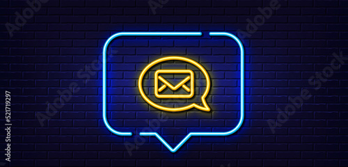 Neon light speech bubble. Mail line icon. Messenger communication sign. E-mail symbol. Neon light background. Messenger glow line. Brick wall banner. Vector
