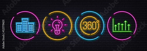 360 degrees, Company and Idea minimal line icons. Neon laser 3d lights. Growth chart icons. For web, application, printing. Full rotation, Building, Light bulb. Upper arrows. Vector