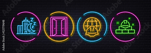 Open door, Global engineering and Night city minimal line icons. Neon laser 3d lights. Construction bricks icons. For web, application, printing. Entrance, Web architecture, Sleeping building. Vector