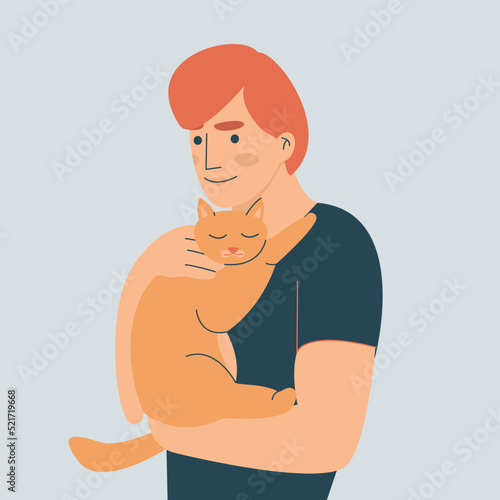 Happy pet owners concept illustration. Man holding a cat in his hands. Red cat. Colorful stock vector illustration in flat style. Eps 10