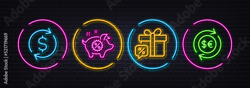 Sale gift, Piggy sale and Dollar exchange minimal line icons. Neon laser 3d lights. Money currency icons. For web, application, printing. Discounts, Banking rates, Cash change. Vector