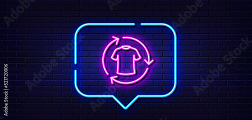 Neon light speech bubble. Change clothes line icon. Shirt sign. Clothing t-shirt symbol. Neon light background. Change clothes glow line. Brick wall banner. Vector