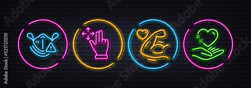 Medical mask, Move gesture and Strong arm minimal line icons. Neon laser 3d lights. Hold heart icons. For web, application, printing. Face respirator, Swipe, Muscle biceps. Care love. Vector