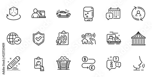 Outline set of Water cooler, Augmented reality and World statistics line icons for web application. Talk, information, delivery truck outline icon. Vector
