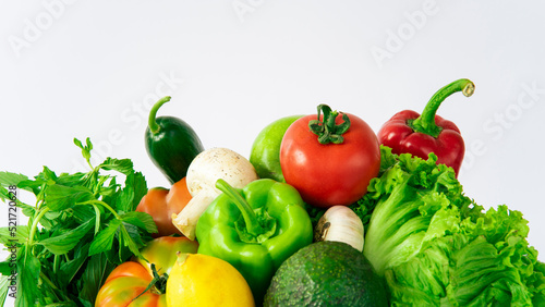Fototapeta Naklejka Na Ścianę i Meble -  Delivery healthy food background. Healthy vegan vegetarian food in  vegetables and fruits on white, copy space, banner. Shopping food supermarket and clean vegan eating concept.