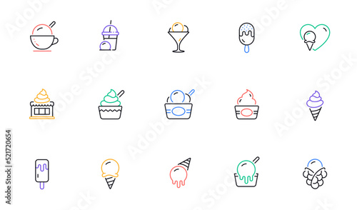 Ice cream line icons set. Frozen yogurt, Vanilla sundae, bubble waffle. Sweet dessert food, milkshake with ice cream, sundae icons. Smoothie drink, frozen coffee, sorbet wafer. Vector