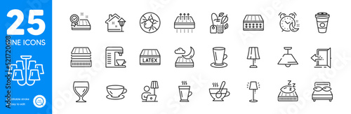 Outline icons set. Ceiling lamp, Tea cup and Floor lamp icons. Mattress, Deluxe mattress, Coffee machine web elements. Entrance, Latte, Bed bugs signs. Espresso, Mint bag, Alarm. Vector