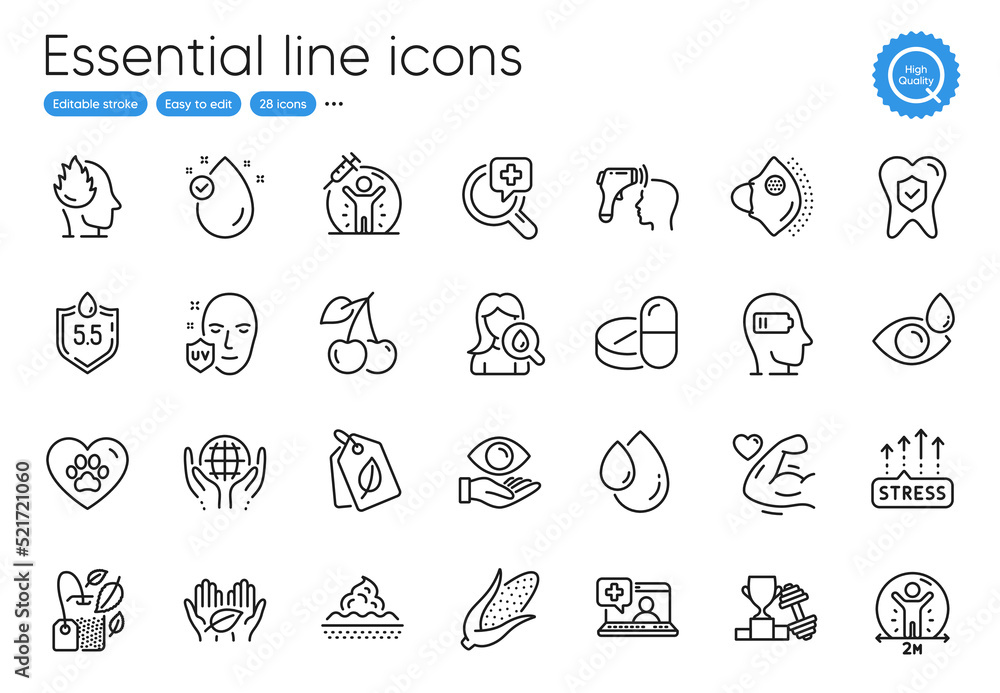 © blankstock - Eye drops, Stress grows and Organic tested line icons. Collection of Medical mask, Medical drugs, Stress icons. Oil drop, Moisturizing cream, Ph neutral web elements. Dental insurance. Vector