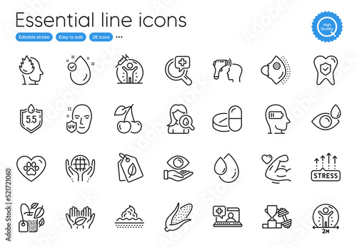 Eye drops  Stress grows and Organic tested line icons. Collection of Medical mask  Medical drugs  Stress icons. Oil drop  Moisturizing cream  Ph neutral web elements. Dental insurance. Vector