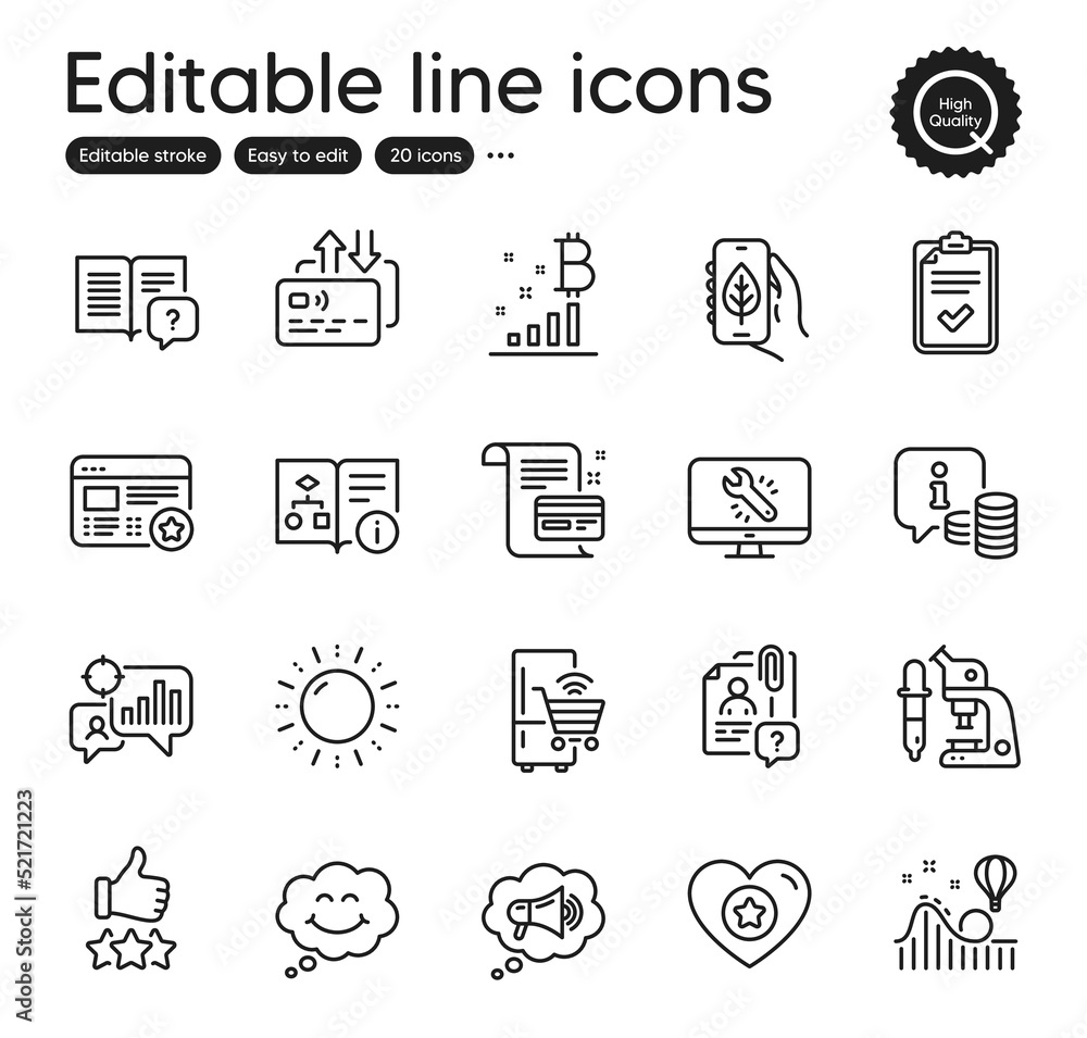 Set of Technology outline icons. Contains icons as Sun energy, Smile and Card elements. Search employee, Heart, Refrigerator web signs. Monitor repair, Info, Megaphone elements. Vector Set of Technology outline icons. Contains icons as Sun energy, Smile and Card elements. Search employee, Heart, Refrigerator web signs. Monitor repair, Info, Megaphone elements. Vector