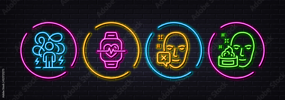 Difficult stress, Cardio training and Face declined minimal line icons. Neon laser 3d lights. Face cream icons. For web, application, printing. Vector