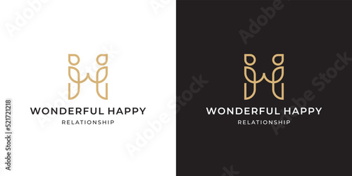 Wonderful Happy Relationship Logo Monoline Style. Letter W + H + Two Relationship People