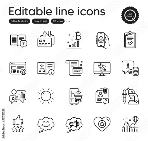 Set of Technology outline icons. Contains icons as Sun energy, Smile and Card elements. Search employee, Heart, Refrigerator web signs. Monitor repair, Info, Megaphone elements. Vector