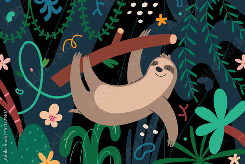 Cute sloth hanging on a tree branch in green rainforest with palms and lianas, adorable jungle animal, lazy tropic mammal, tropic scenery, vector hand drawn art, childrens illustration