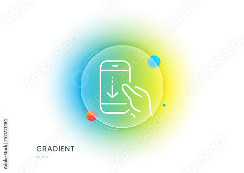 Scroll down phone line icon. Gradient blur button with glassmorphism. Scrolling screen sign. Swipe page. Transparent glass design. Scroll down line icon. Vector