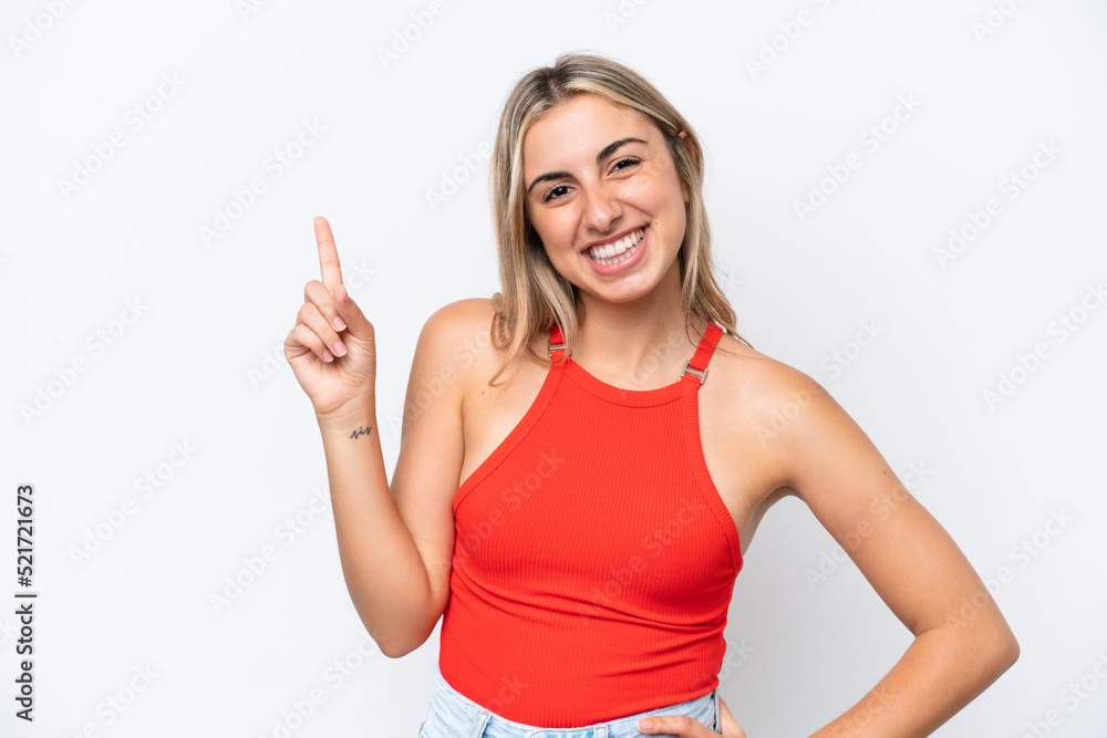 Young caucasian woman isolated on white background showing and lifting a finger in sign of the best Young caucasian woman isolated on white background showing and lifting a finger in sign of the best
