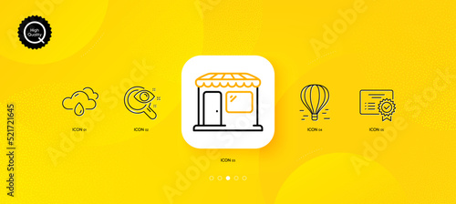 Certificate, Air balloon and Vision test minimal line icons. Yellow abstract background. Rainy weather, Market icons. For web, application, printing. Vector