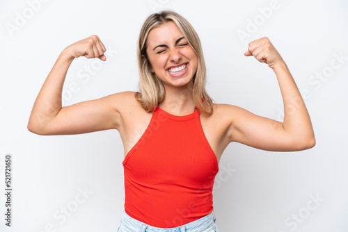 Young caucasian woman isolated on white background doing strong gesture