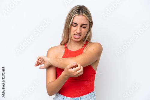 Young caucasian woman isolated on white background with pain in elbow
