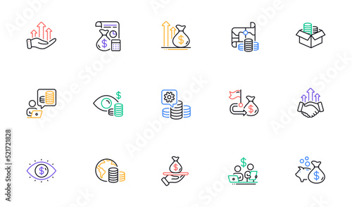 Finance line icons. Accounting coins, Budget Investment, Trade Strategy icons. Finance management, Budget gain and Business asset. Money economy, Loan in dollars and Treasure map. Vector