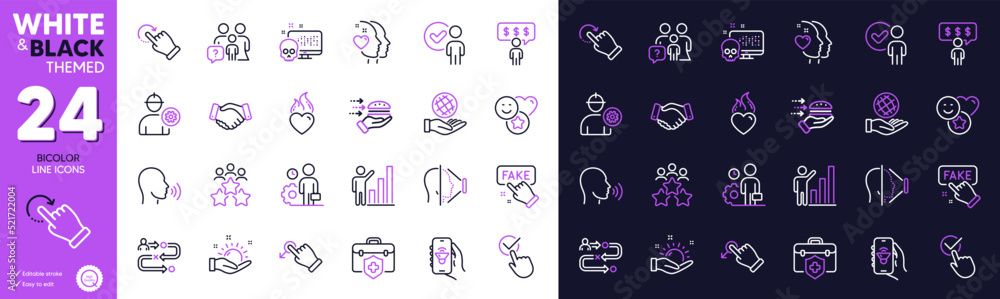 Heart, Checkbox and Verification person line icons for website, printing. Collection of Graph chart, Food delivery, Engineer icons. Sunny weather, Heart flame, Employees handshake web elements. Vector