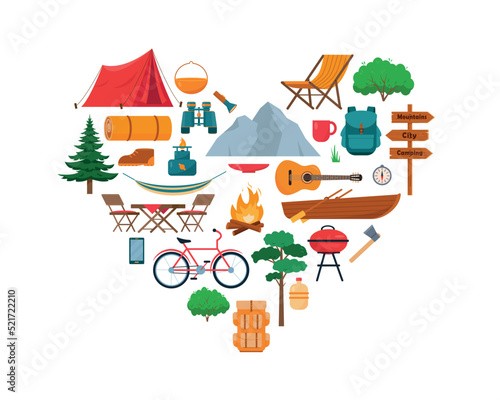 Camping equipment set in heart shape. Big collection of camping and hiking tools icons isolated on white background. Sports, adventures in nature and tourism love concept design. Vector illustration.
