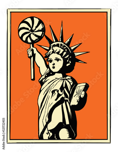 Vector Illustration of Baby Statue of Liberty holding a lollipop. America immature in subject of Immigration. © bartsadowski