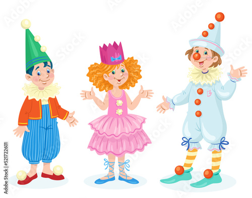 Children in carnival costumes. The two boys are clowns and the little girl is a princess. To a school party. In cartoon style. Isolated on white background. Vector flat illustration.