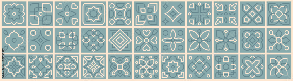 Patchwork from Azulejo tiles Portugal and Spain ornate collection. Set decor geometric and floral retro tiles pattern for ceramic floor and wall vector illustration