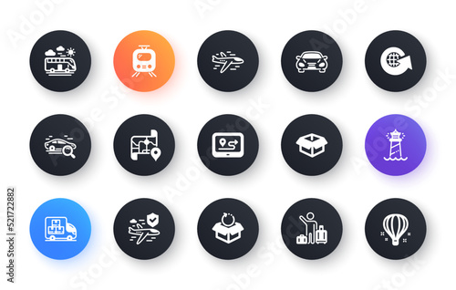 Minimal set of Train, Bus travel and Map flat icons for web development. Car, Gps, Lighthouse icons. Opened box, Flight insurance, Airplane web elements. Search car, Airport transfer. Vector