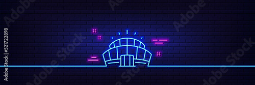 Neon light glow effect. Arena stadium line icon. Competition building sign. Sport complex symbol. 3d line neon glow icon. Brick wall banner. Arena stadium outline. Vector