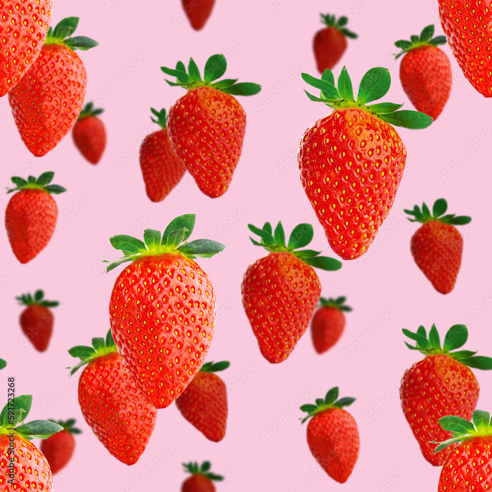 Fresh strawberry seamless pattern. Ripe strawberries isolated on pink. Package design background. Falling strawberry selective focus. Fresh strawberry seamless pattern. Ripe strawberries isolated on pink. Package design background. Falling strawberry selective focus.