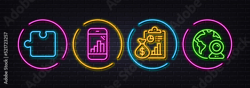 Report, Graph phone and Puzzle minimal line icons. Neon laser 3d lights. Video conference icons. For web, application, printing. Survey clipboard, Mobile statistics, Puzzle piece. Vector
