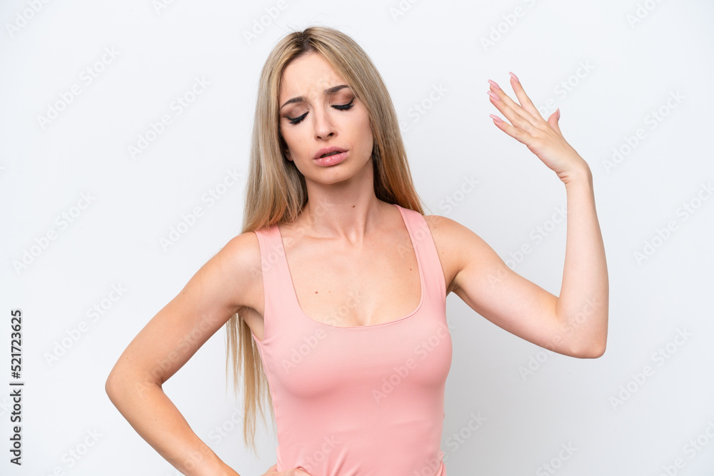 Pretty blonde woman isolated on white background with tired and sick expression Pretty blonde woman isolated on white background with tired and sick expression