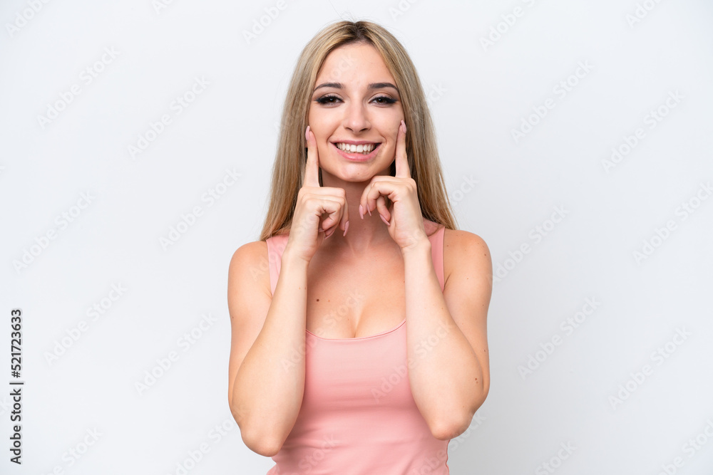 Pretty blonde woman isolated on white background smiling with a happy and pleasant expression Pretty blonde woman isolated on white background smiling with a happy and pleasant expression