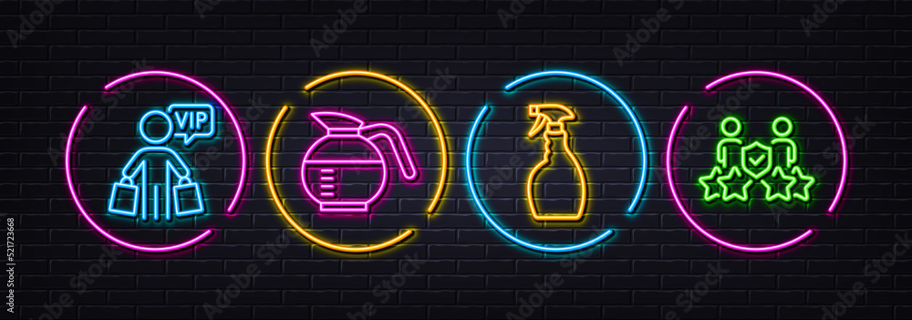Naklejka premium Coffeepot, Vip shopping and Spray minimal line icons. Neon laser 3d lights. Security agency icons. For web, application, printing. Brewed coffee, Exclusive privilege, Washing cleanser. Vector