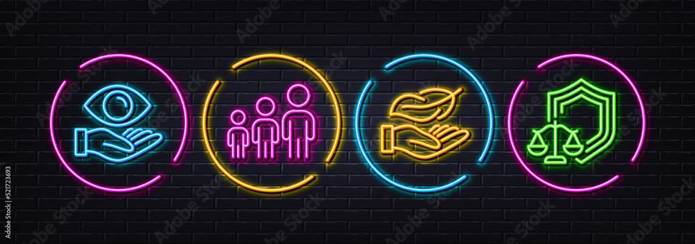 Health eye, Lightweight and Business hierarchy minimal line icons. Neon laser 3d lights. Justice scales icons. For web, application, printing. Optometry, Feather nib, Organization. Law shield. Vector