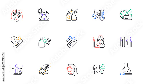 Covid Test line icons. Nasal swab, Blood testing, Waiting time. Social Distance, Hand Sanitizer, Rapid Antigen Test icons. Coronavirus protection, Pneumonia virus. Nose with cotton swab. Vector