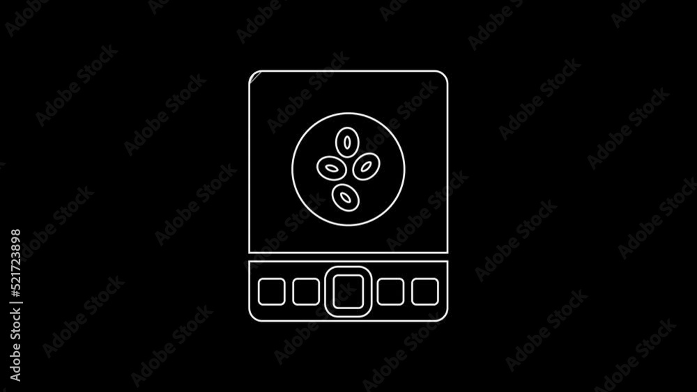 White line Electronic coffee scales icon isolated on black background. Weight measure equipment. 4K Video motion graphic animation White line Electronic coffee scales icon isolated on black background. Weight measure equipment. 4K Video motion graphic animation