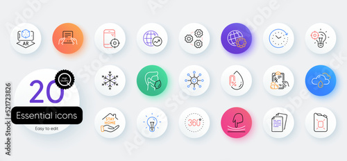 Simple set of Seo phone, No alcohol and World statistics line icons. Include Snowflake, Prescription drugs, Receive file icons. Documents, Medical mask, Time change web elements. Vector