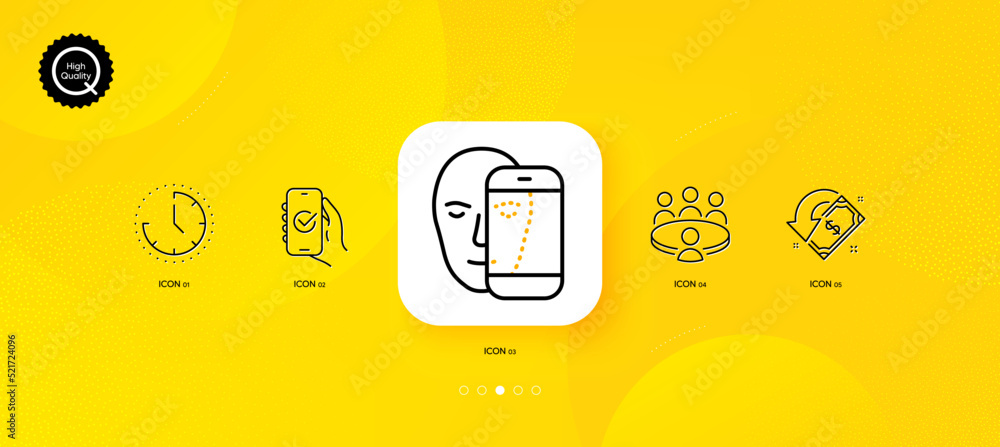 Time, Meeting and Face biometrics minimal line icons. Yellow abstract background. Cashback, Approved app icons. For web, application, printing. Clock, Human resource, Facial recognition. Vector Time, Meeting and Face biometrics minimal line icons. Yellow abstract background. Cashback, Approved app icons. For web, application, printing. Clock, Human resource, Facial recognition. Vector