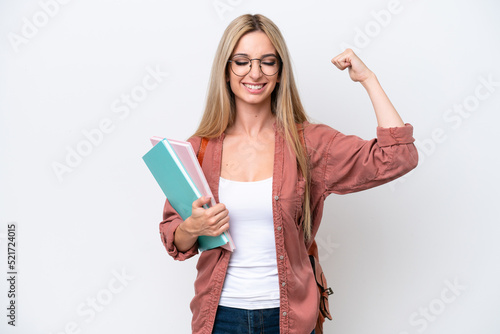 Pretty student blonde woman isolated on white background doing strong gesture