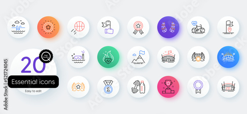 Simple set of Dumbbell, Arena stadium and Cardio training line icons. Include Mountain flag, Winner cup, Reward icons. Cardio bike, Scuba diving, Best rank web elements. Leadership. Vector