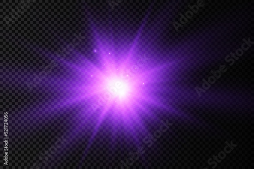 Glow bright light star, purple sun rays, sunshine.