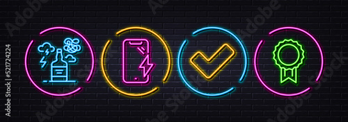 Alcohol addiction, Smartphone charging and Tick minimal line icons. Neon laser 3d lights. Reward icons. For web, application, printing. Confused mind, Phone battery, Confirm check. Best medal. Vector